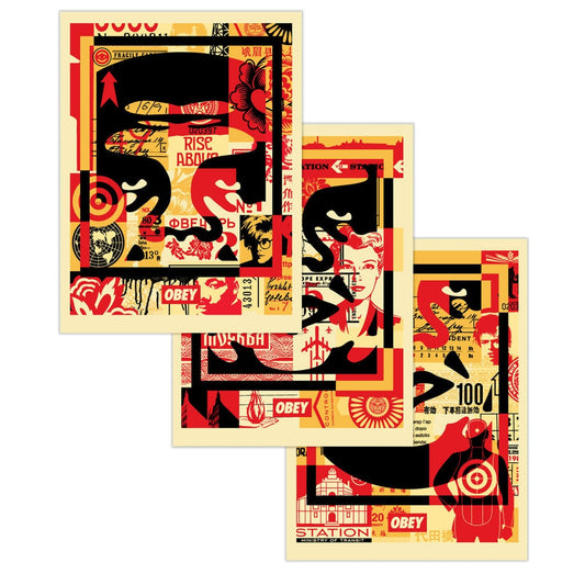 Obey 3-Face Collage, Signed offset lithograph set (3) lithographs, each lithograph signed by Shephard Fairey