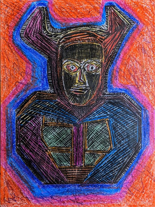 Geometric Demon/Horned Man/Minotaur, Devil multimedia hand-colored Original Print